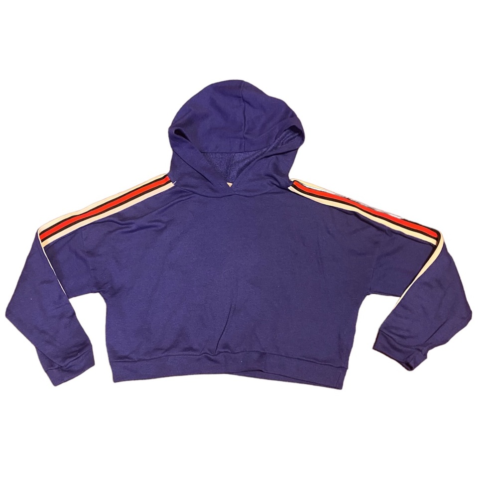 Cropped blue hooded long-sleeve top.
